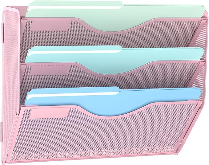 Gawerk 3 Tier Hanging Wall File Organizer, Mesh Mail Paper Orgnization Hanging File Folder Holder for Home Office, Pink by Gawerk