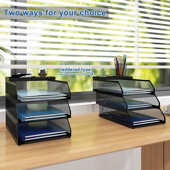 Natwind 3-Tier Stackable Metal Mesh Desk Paper Tray Organizer,Black | Letter Tray For Paper Storage,Desktop Accessories for Office Supplies,File Document Holder For Home School Classroom - Image 5