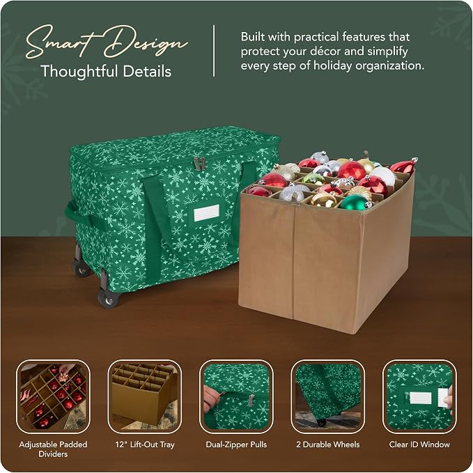 Covermates Keepsakes Rolling Adjustable Ornament Storage Bag – Heavy-Duty Polyester, FlexGrid Trays & Padded Dividers – Protective Holiday Organizer with Wheels, Handles & ID Window, Green Snowflake - Image 4