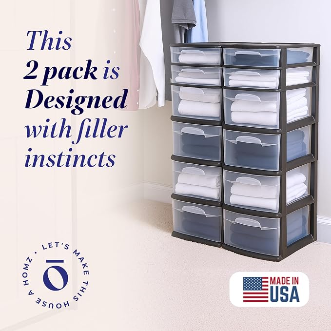 HOMZ 2-Pack Drawer Tower, 6-Tier Clear Plastic Storage Organizer Cart, Black Frame - Organizing Containers for Home, Office, Bathroom, Bedroom, and Classroom - Image 3