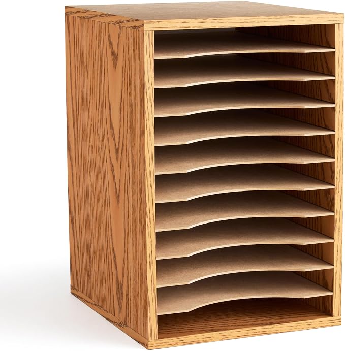 Safco Vertical Desktop Sorter, Wooden Paper Organizer for Home Office and Classroom, 11 Adjustable, Letter-Size Compartments, Medium Oak by SafcoProducts