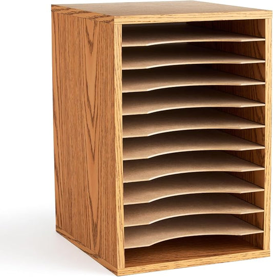 Safco Vertical Desktop Sorter, Wooden Paper Organizer for Home Office and Classroom, 11 Adjustable, Letter-Size Compartments, Medium Oak by SafcoProducts