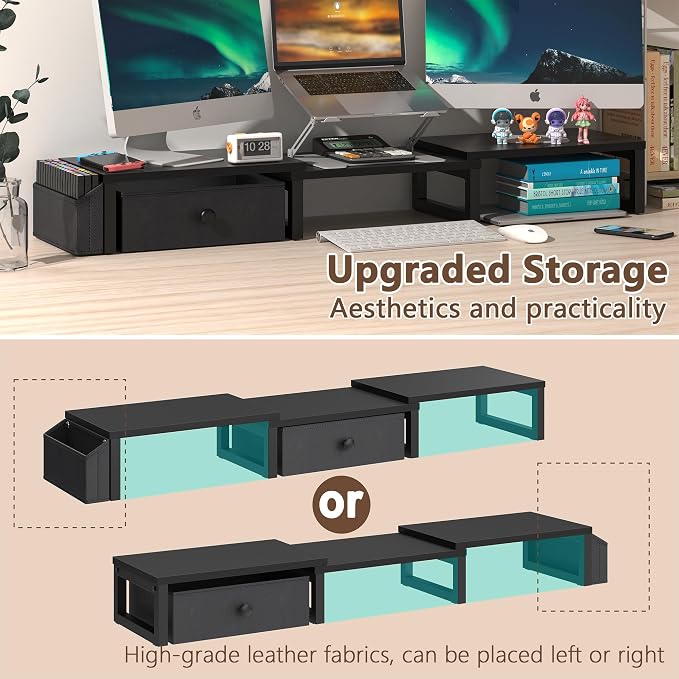 LAND·VOI Dual Monitor Stand with Drawer and Side Pockets, Monitor Riser for Desk, Home Office Desk Storage, Multi-Scenario Adaptation for Work and Entertainment, Black, HMS02BK - Image 3