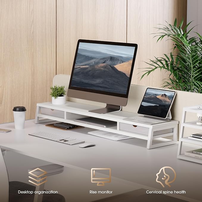 Fenge Dual Monitor Stand Riser, 42.5in Desk Shelf with 2 Drawers, White | 2-Tier Monitor Shelf for Desk, Storage Drawer with Stopper, Frosted, fit Home Office, Ultrawide Screen, PC, Laptop, TV - Image 7