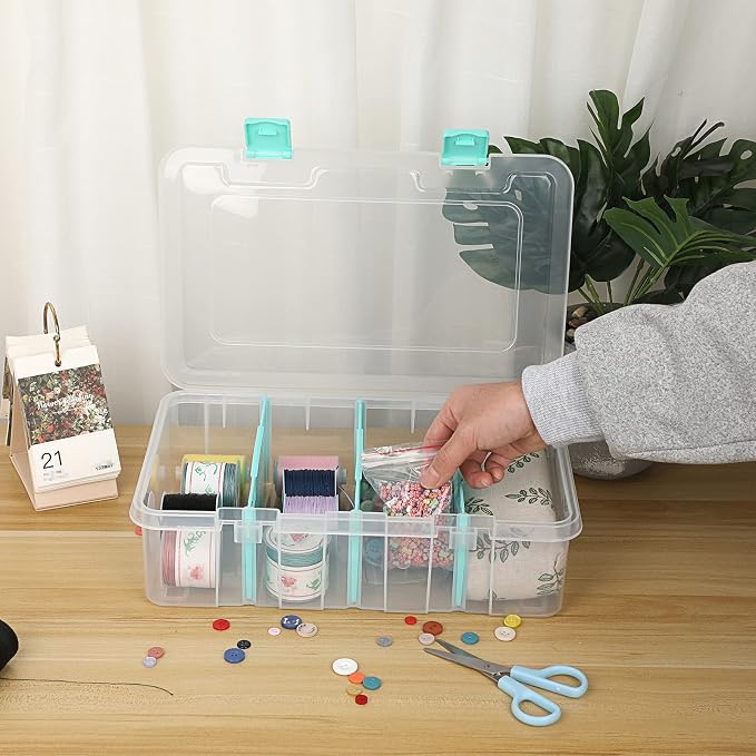 BTSKY Clear Plastic Dividing Storage Box with 4 Compartments Adjustable Storage Bin with Lid Plastic Craft Storage Container Multipurpose Sewing Box Art Supply Organizer, 13.3x8.1x3.4 Inches | 13.3x8.1x3.4 Inches Adjustable Storage Bin with Lid Plastic... - Image 6