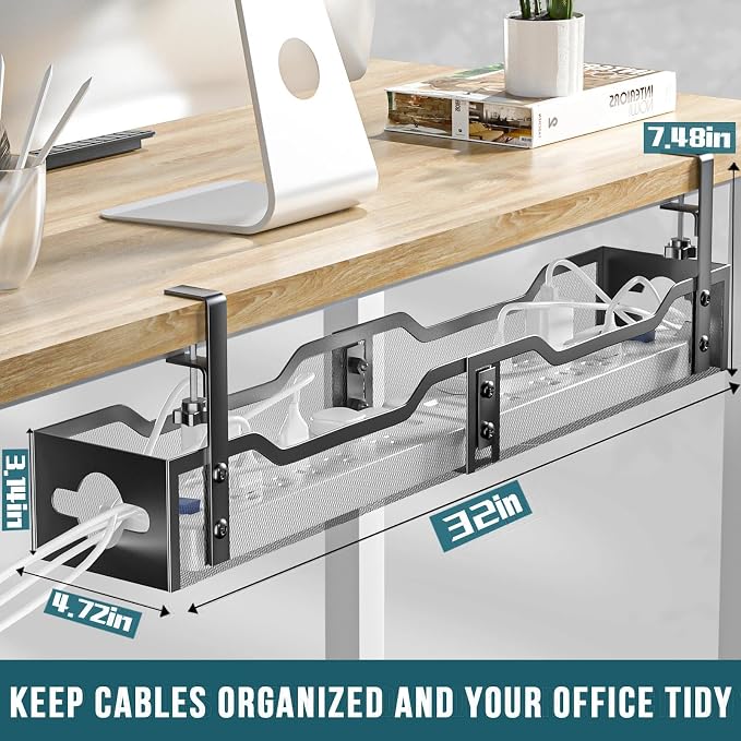 Under Desk Cable Management Tray 32'', Cable Management Under Desk No Drill, Cable Organizer with Clamp for Wire Management, Cord Organizer for Office, Home - No Damage to Table (Black) - Image 2