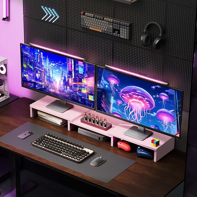 TAVR Dual Monitor Stand Riser, Wooden Computer Monitor Stand for 2 Monitors | Extra Long Multifunctional Desktop Organizer Riser for TV, PC Monitor, Laptop, Printer, Max 43.3" Length, Pink - Image 4