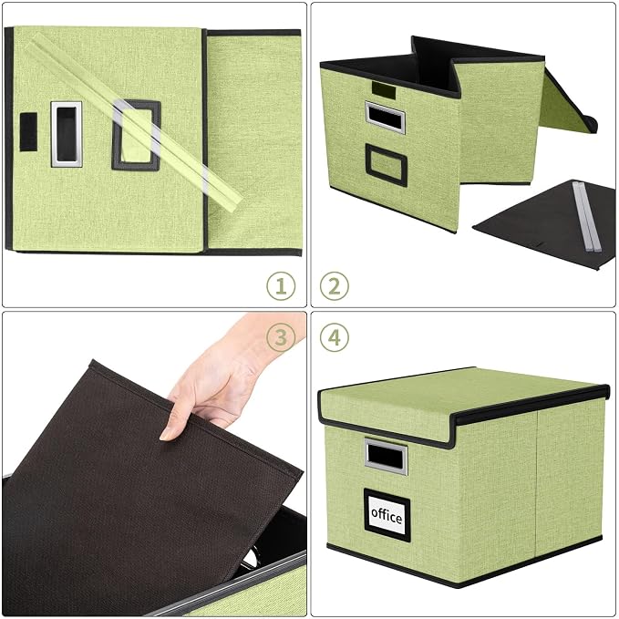 File Organizer Box with Lids, Collapsible File Folder Organizer | File Box with Plastic Slides for Office Document Storage, Filing Bin for Letter Size Hanging File Folders (1 Pack, Green) - Image 6