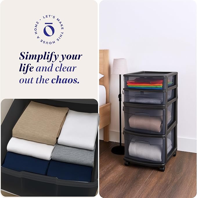 HOMZ Drawer Tower, 4-Tier Storage Cart with Removable Wheels, Black Frame | Plastic Organizer with Clear Bin Drawers for Bedroom, Bathroom, Home Office, and Dorm Rooms - Image 7
