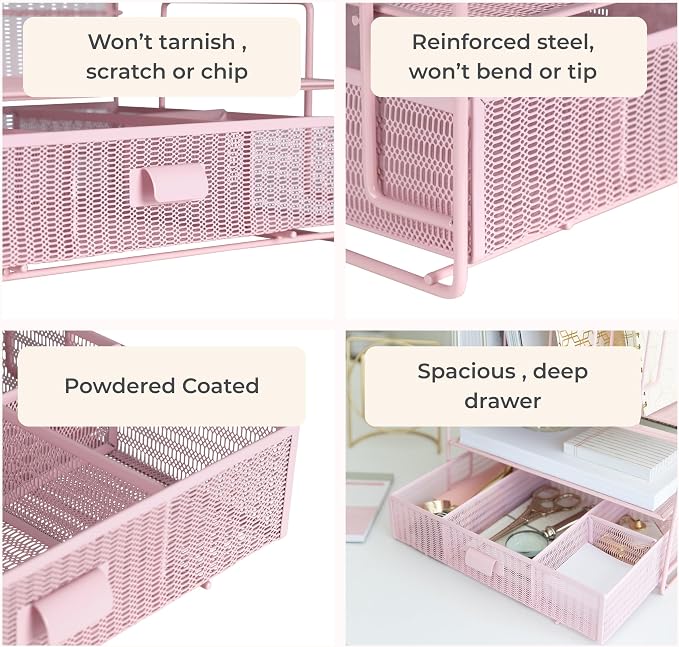 BLU MONACO | Pink Desk Organizer with Drawer | Wire Mesh Desk Organizer File Sorter | Metal Desktop Storage for Office Workspace - Image 4