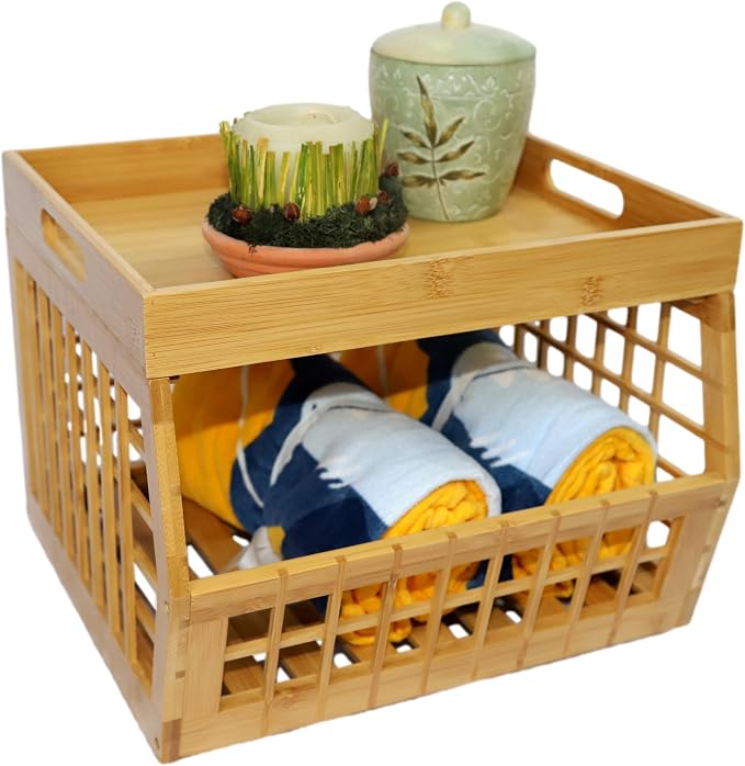 Bamboo Stackable, Open Front, Medium Storage Bins with Serving Tray Lid - Image 7