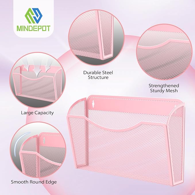 MINDEPOT Wall File Organizer, Hanging Wall File Holder, 2 Pack, Pink | Heavy Duty Iron, Metal Mesh Wall Mount, Single Pocket, Mail Organizer, for Office School Classroom Home, Letter A4 Size - Image 3