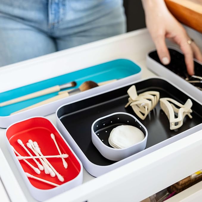 Three by Three Seattle Metal Drawer Organizer Tray Set, 10-Pc, 1" (Multi) | Colorful food-safe metal bins; soft non-scratch base; organize utensils, makeup & supplies across every room - Image 4
