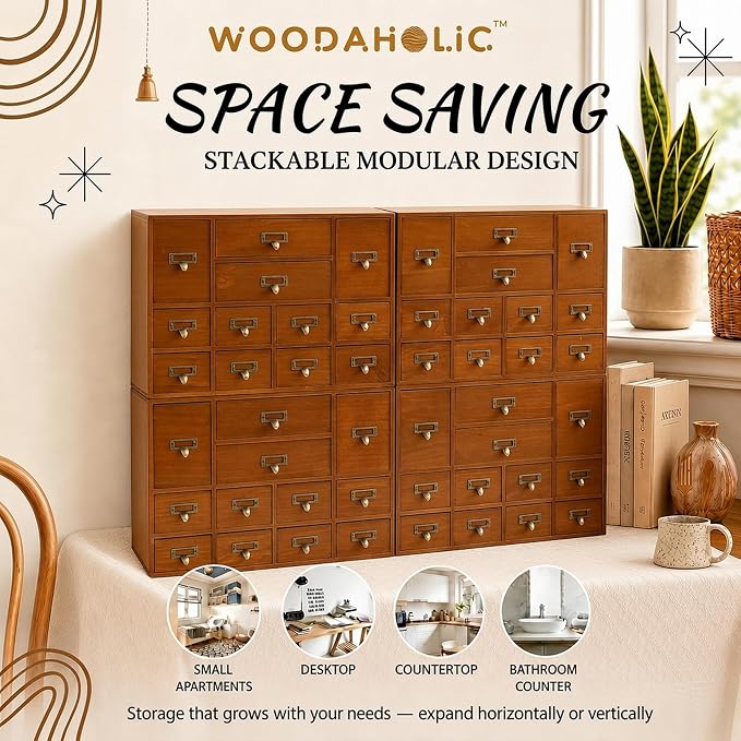 Modular Apothecary Cabinet with 48 Drawers I Stackable Library Card Catalog Organizer, Solid Wood Desktop Storage with Metal Label Holders for Makeup, Crafts, Oils, Tea & Office Supplies - Image 2