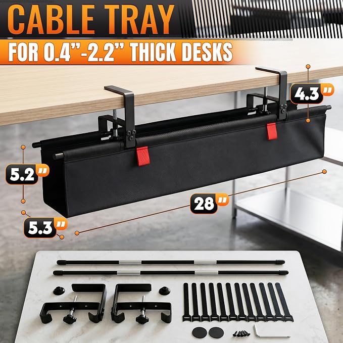Under Desk Cable Management Tray 28" — No Drill Clamp-On Cord Organizer for Desk with Built-in Ties, Heavy Duty Metal Clamp, Foldable 600D Oxford Fabric for Home Office, WFH & Gaming PC Setup (Black) - Image 2