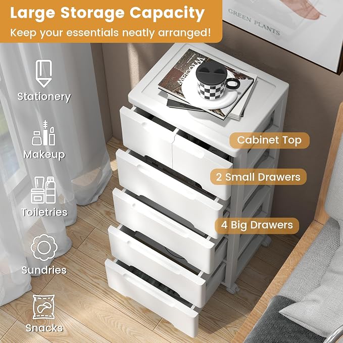 6-Drawer Plastic Rolling Storage Cart (16"x13"x38") | Mobile Storage Cabinet | Vertical Storage Tower Container Unit | 4 Universal Wheels | For Living Room, Home Office - Image 6