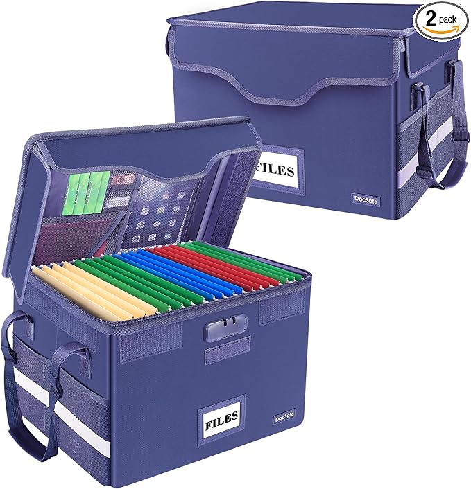 DocSafe Fireproof Document Box with Lock,File Storage Organizer with Pockets,Collapsible Portable File Box Home Office Safe Filing Cabinet with Handle for Hanging Letter/Legal Folders,Blue,2 Pack by DocSafe