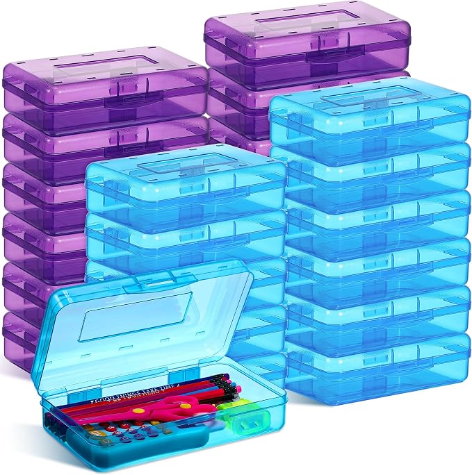 Fainne 24 Pack Pencil Boxes for School Clear Plastic Pencil Case Large Plastic Crayon Box Bulk Stackable Classroom Stationery Organizer School Supplies(Blue, Purple) by Fainne