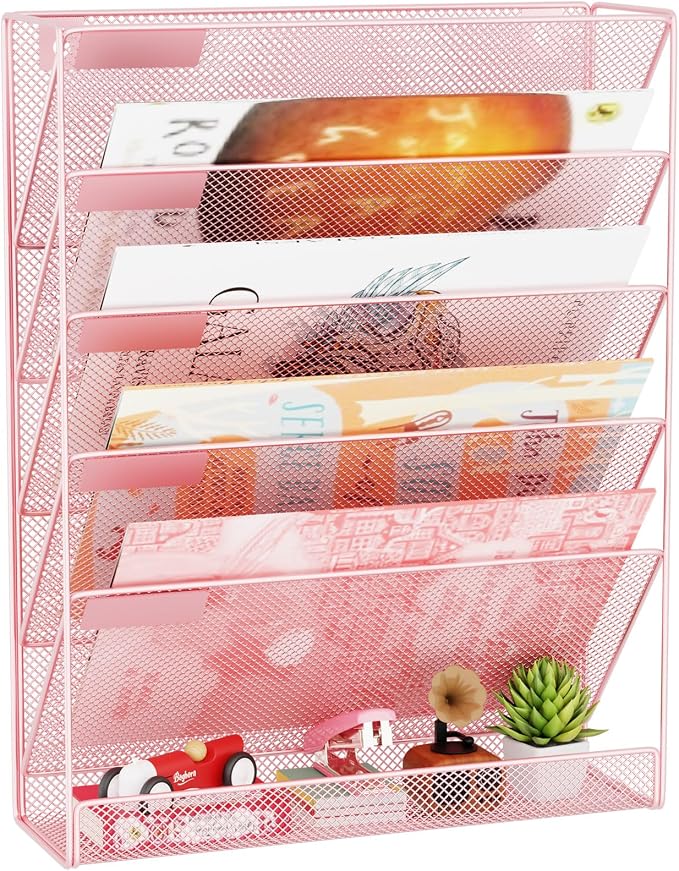 Wall File Organizer Holder Mesh Hanging Paper Document Holder, Vertical 6 Pocket Tier for Office Home, Light Pink by GDINDINFAN