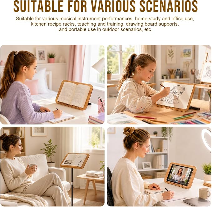 2-in-1 Dual-use Floor & Desktop Book Stand, 100% Solid Wood Book Stand, Adjustable Height 16.5"- 51" Laptop Floor Stand Book Holder with Page Clips for Cookbooks, Sheet Music (Natural Wood Color) - Image 6