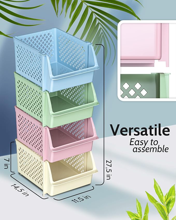 Skywin Stackable Storage Bins Open Front for Pantry Storage, 4 Pack - Multi | Sturdy Plastic, Easy Stacking, Open Front Access, Ventilated Sides, Vertical & Space Saving Pantry Organizers and Storage Bin - Image 2
