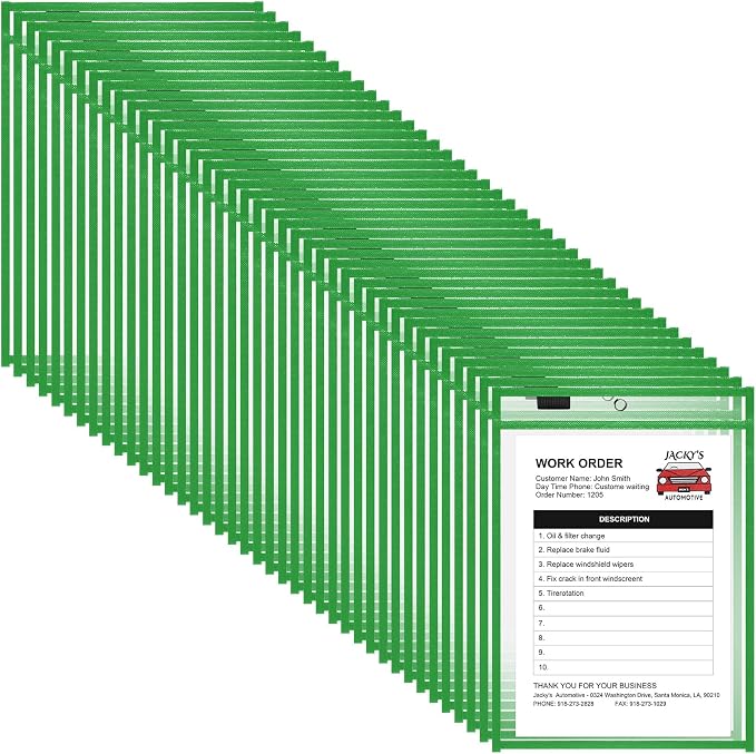 Nezyo Dry Erase Pockets Plastic Job Ticket Holders Shop Holder Order Pockets Clear Sleeves Tickets Folders Plastic Sleeves Paper Teacher Supplies for Classroom(12 x 9.5 in,Green,50 Pcs) by Nezyo