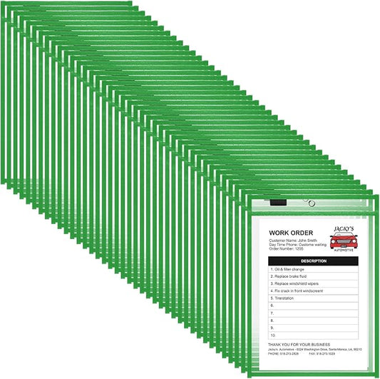 Nezyo Dry Erase Pockets Plastic Job Ticket Holders Shop Holder Order Pockets Clear Sleeves Tickets Folders Plastic Sleeves Paper Teacher Supplies for Classroom(12 x 9.5 in,Green,50 Pcs) by Nezyo