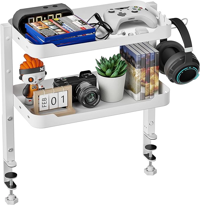 ARES WING 2-Tier 16 inch Clamp On Desk Shelf, Above or Under Desk Storage | Adjustable Desktop Organizer Shlef Holds 66 lbs Heavy Duty, with Headphone Holder for Working and Gaming Accessories, White by ARESWING
