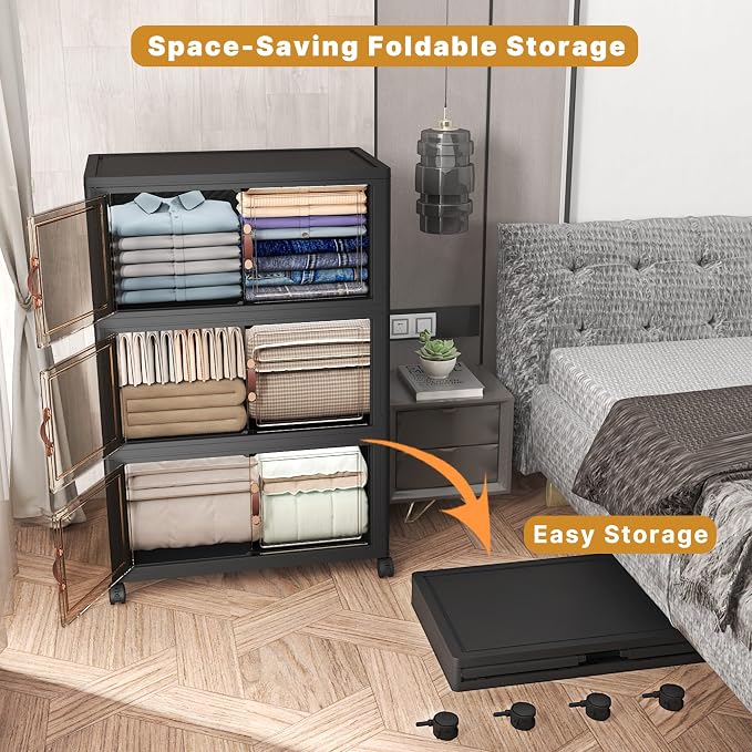 504QT Stackable Storage Bins with Lids, Doors & Wheels | Closet Organizers and Storage Cabinet , Lockable Plastic Foldable Drawers for Bedroom Dorm Office Garage（168QT*3,Black） - Image 5