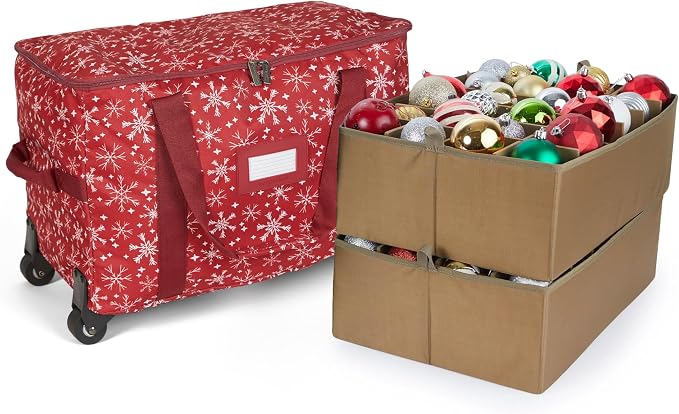 Covermates Keepsakes Rolling Adjustable Ornament Storage Bag – Heavy-Duty Polyester, FlexGrid Trays & Padded Dividers – Protective Holiday Organizer with Wheels, Handles & ID Window, Red Snowflake by Covermates