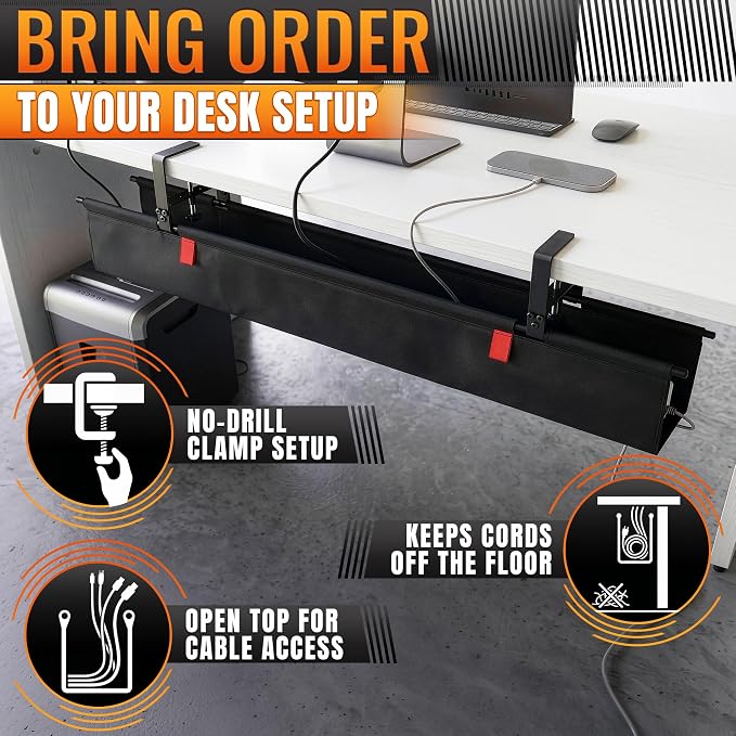 Under Desk Cable Management Tray 48" — No Drill Clamp-On Cord Organizer for Desk with Built-in Ties, Heavy Duty Metal Clamp, Foldable 600D Oxford Fabric for Home Office, WFH & Gaming PC Setup (Black) - Image 8