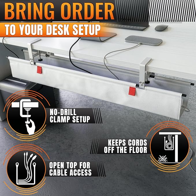 Under Desk Cable Management Tray 48" — No Drill Clamp-On Cord Organizer for Desk with Built-in Ties, Heavy Duty Metal Clamp, Foldable 600D Oxford Fabric for Home Office, WFH & Gaming PC Setup (White) - Image 8
