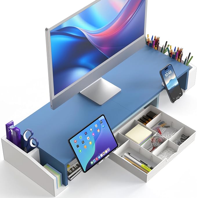 Simple Houseware Desk Dual Monitor Stand Riser with Drawer, Blue | Customizable Organizer Tray, Built-In Phone & Tablet Slot and Side Storage - Image 2