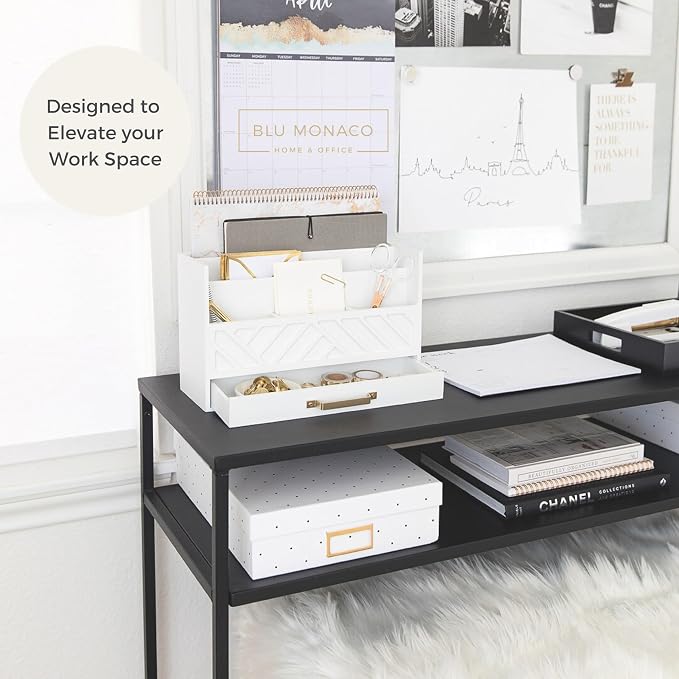 BLU MONACO | White Wooden Desk Organizer & Mail Organizer with Drawer & Gold Handle | Mail Sorter Countertop | 6 Compartments | White Desktop Organizer for Desk - Image 3