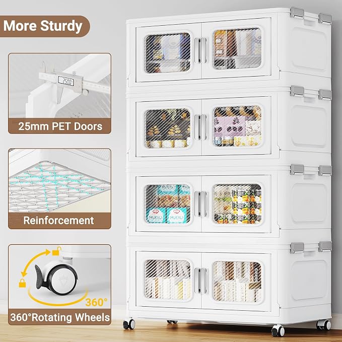 BROVIEW 50 Qt/12.5 Gal Stackable Storage Bins with Lids, 1 Pack, White | Small Stackable Storage Boxes w/ 1 Lid Folding Plastic Cart Organizer for Home Kitchen, Open Front Clear Door with Wheels - Image 5
