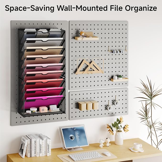 Lavatino 10-Tier Hanging Wall File Folders Organizer - Black Metal Mesh Paper Magazine Document Mail Holder File Organizer for Office School Home Wall Mount or Desk Supplies Organization - Image 5