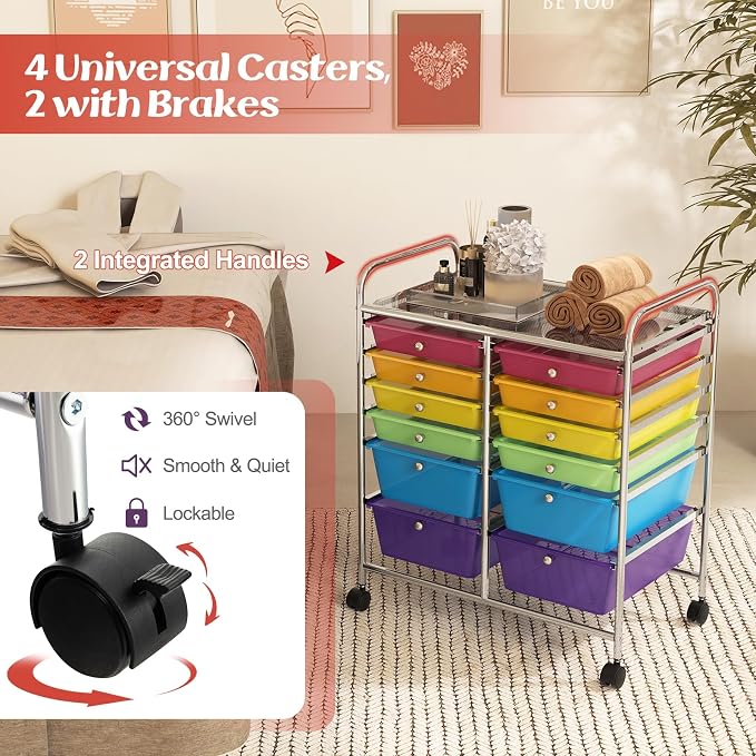 GOFLAME 12-Drawer Rolling Storage Cart, Multipurpose Organizer Cart with 2 Sizes Plastic Drawers, Mobile Utility Cart with Lockable Casters for School, Home Office, Beauty Salon, Rainbow - Image 5