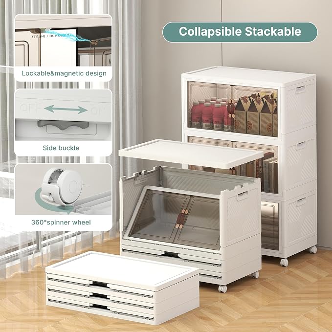 672QT Lockable Plastic Storage Bins,6 Pack Collapsible Cabinets | Stackable Organizer with Doors & Wheels, Foldable Containers for Bedroom, Dorm, Office & Garage Storage - Image 4