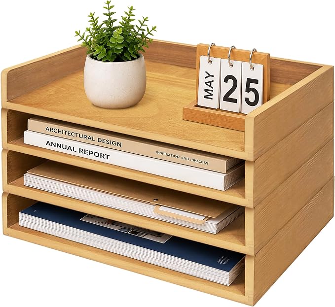 4 Pack Stackable Paper Tray, Wooden Paper Tray Organizer with Letter Tray, Paper Holder for Desk, Desktop File Storage Rack for Study, Home and Office (Oak) by Hamstercages