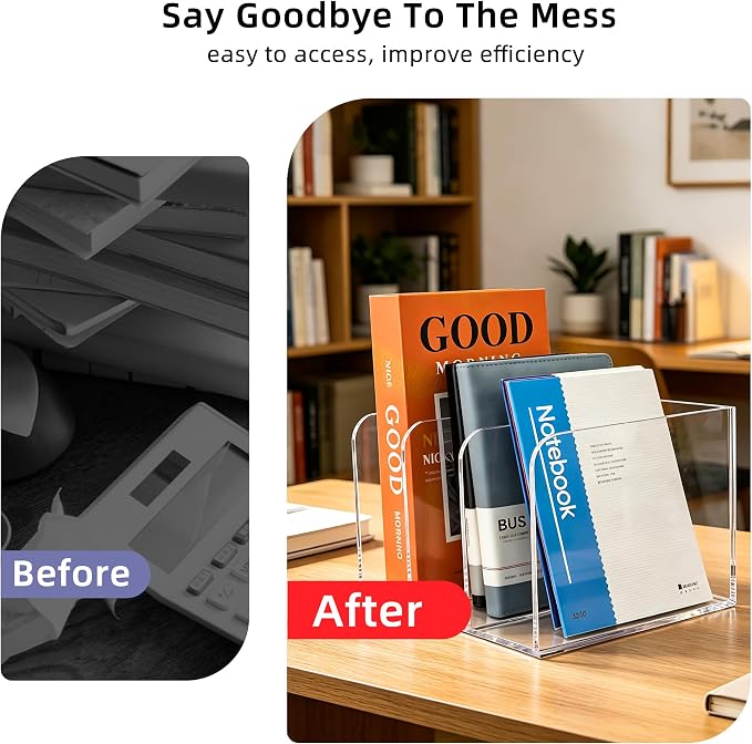 Clear Acrylic 3-Slot Magazine File Holder, Vertical Desk Organizer | 3 extra-wide compartments hold magazines, files, books, tablets. 5mm thick clear acrylic, non-slip base. No assembly. - Image 8