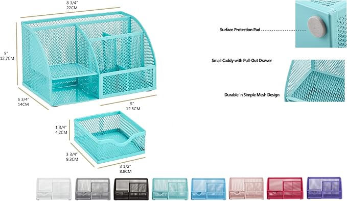 Exerz Desk Organizer 7 Compartments Metal Mesh Pen Holder Turquoise | Fresh Desktop Storage for Notes Clips Scissors Rulers Craft Tools Makeup Study Supplies and Home Use - Image 7