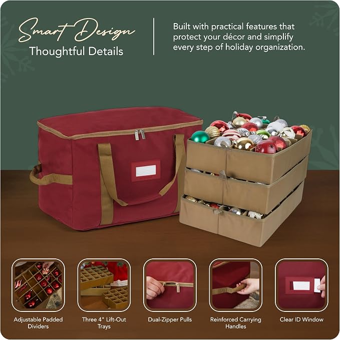 Covermates Keepsakes Adjustable Ornament Storage Bag – Heavy-Duty Polyester, Padded Dividers & FlexGrid Trays – Protective Holiday Ornament Organizer with Handles & Label Window, Red - Image 4