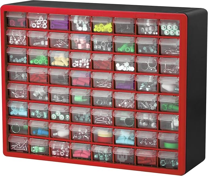 Akro-Mils 64-Drawer Plastic Storage Cabinet, 20" W x 6" D x 16" H, Red | Plastic Cabinet w/ Drawers for Garage Organization, Beads, Building Bricks Storage, Teacher Toolbox, Makeup Organizer, 10164 - Image 9