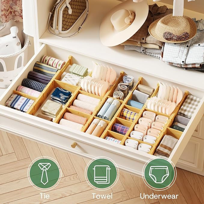 kiplant Bamboo Drawer Dividers - Adjustable Drawer Dividers for Kitchen, Clothes, Closet & Office - 6 Pack with Inserts, 18-22.6 Inches, Non-Slip Silicone Ends - Image 5
