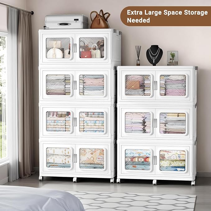 BROVIEW 660 Qt/165 Gal Stackable Storage Bins with Lids, 3 Pack, White | Large Stackable Storage Boxes w/ 3 Lid Folding Plastic Cart Organizer for Home Kitchen, Open Front Clear Door with Wheels - Image 4