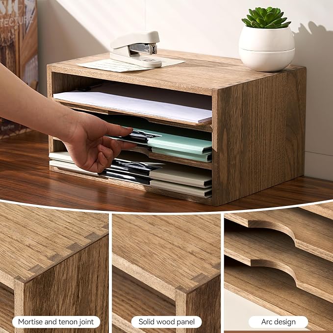 KIRIGEN Wooden Desk Organizer 3-Tier Letter Tray and Paper Sorter, Brown | Solid Wood Paper Tray Document Holder Organizer for Letters, Files, Folders, Mail, Magazines and Office Supplies - Image 6