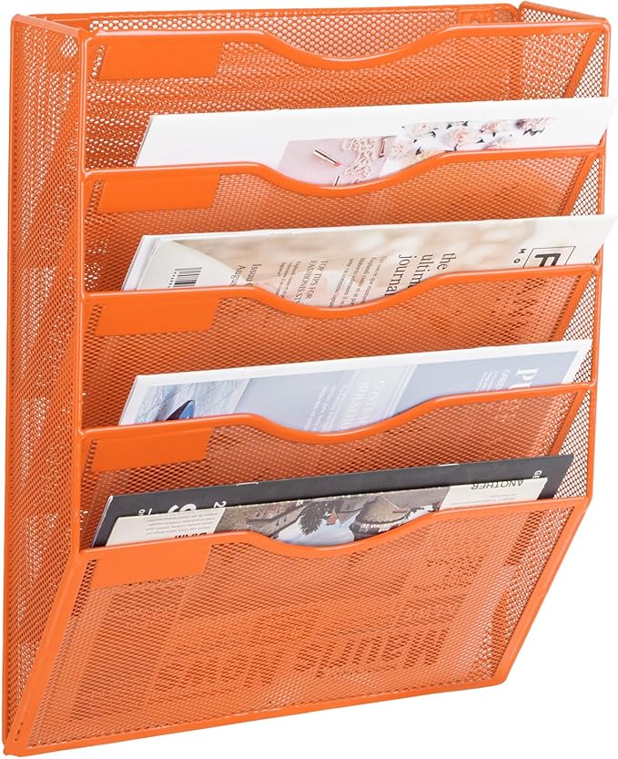 5 Pocket Mesh Hanging Wall File Organizer, Wall Mounted Mail Paper Document Folder Holder, Clipboard Storage Organization Magazine Rack with Nametag Label for Office Home School, Orange by EASEPRES