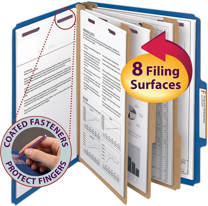 Smead Pressboard Classification File Folder with SafeSHIELD® Fasteners, 3 Dividers, 3" Expansion, Letter Size, Dark Blue, 10 per Box (14096) (Pack of 1) - Image 2