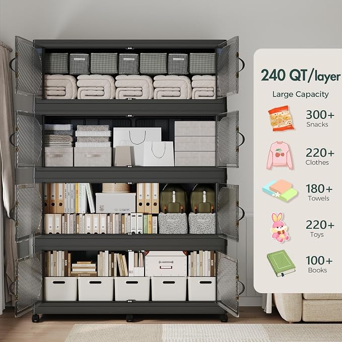 960QT Extra Large Stackable Storage Bins with Lid, 240Gal Plastic Closet Organizers and Storage Drawer, Collapsible Cabinet Box with Wheels Clear Doors for Home Kitchen Garage, 4Pack Black - Image 3
