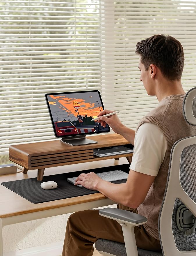 Tinamo 24" Wood Monitor Stand Riser with Sliding Door and Cable Management | Acacia Wood, Ergonomic Design, Fits Most 24"-32" Monitors, Non-slip, Hidden Multi-purpose Storage, All Hardware Included - Image 6